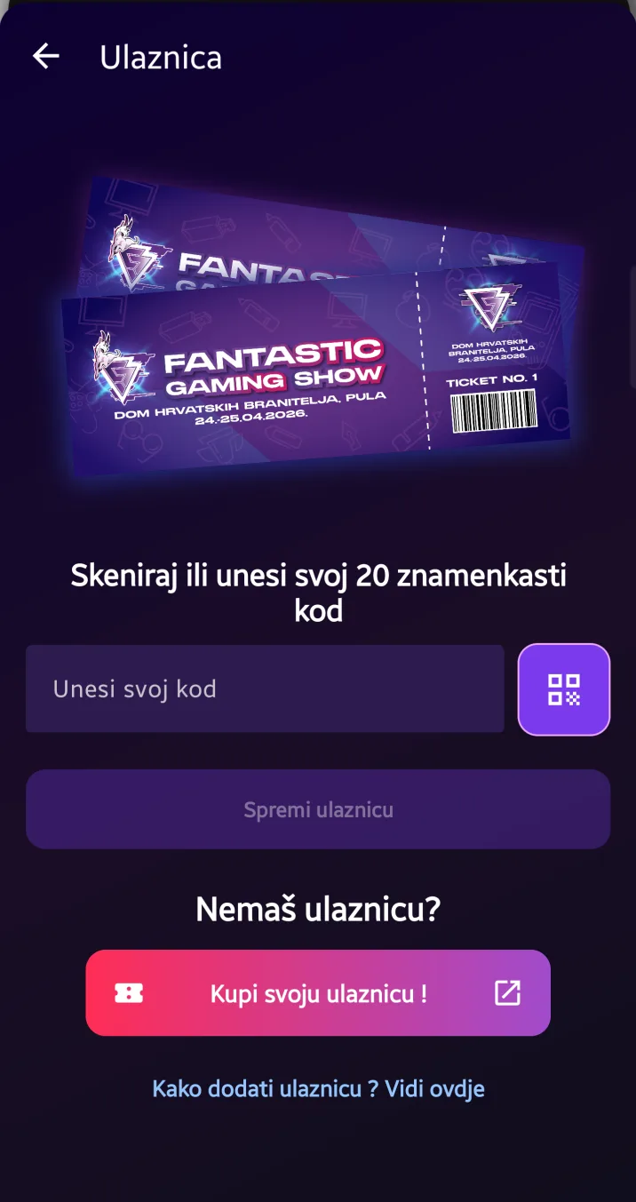 Fantastic Events ticket screen on a phone: an event ticket illustration, a field for the twenty-digit code with a QR scan button, a save button, and a link to buy a ticket
