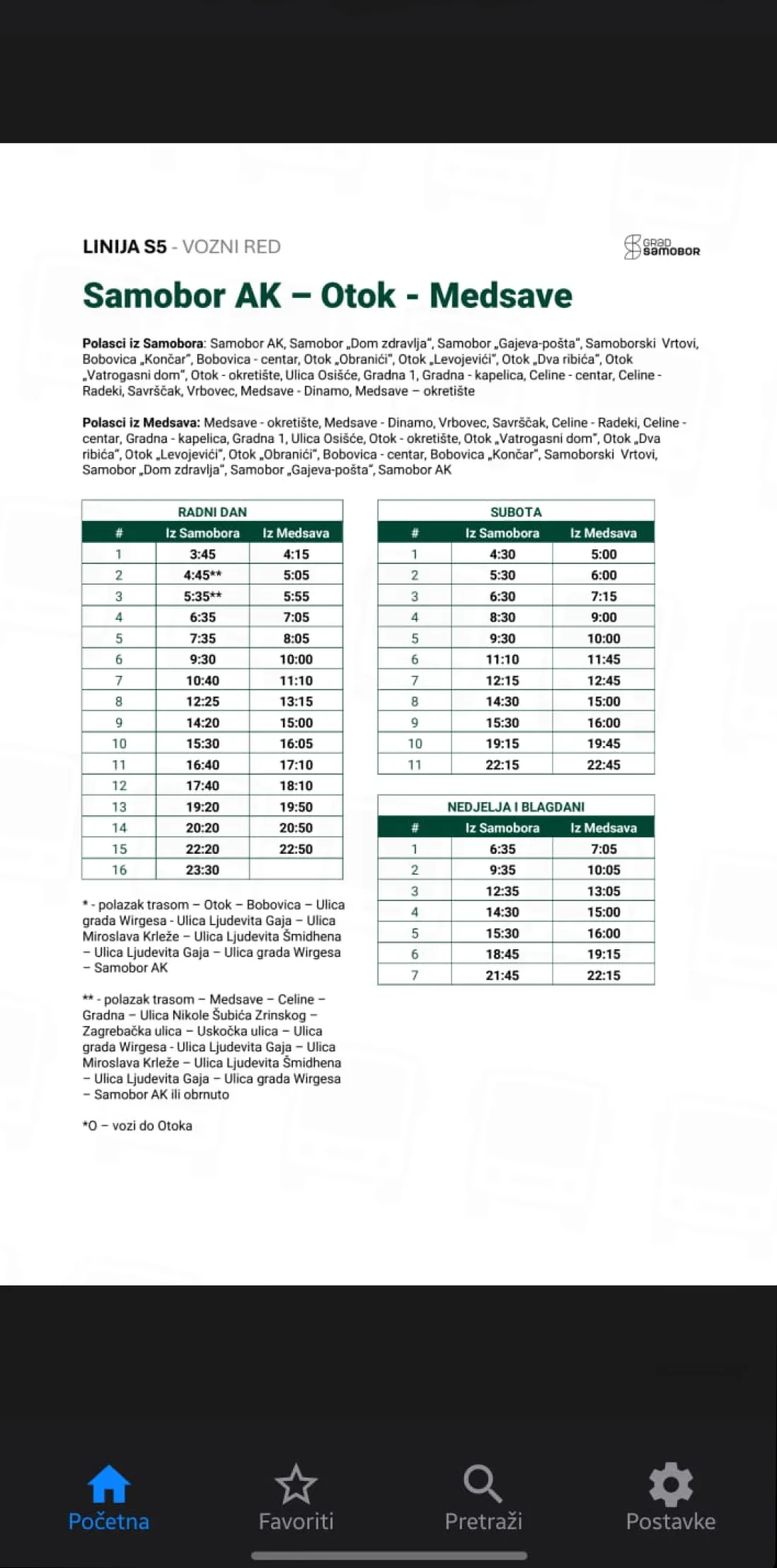 SamoBus on a phone showing the timetable for line S5 Samobor AK – Otok – Medsave as the operator's PDF, with weekday, Saturday and Sunday departure tables and a bottom bar with Home, Favorites, Search and Settings