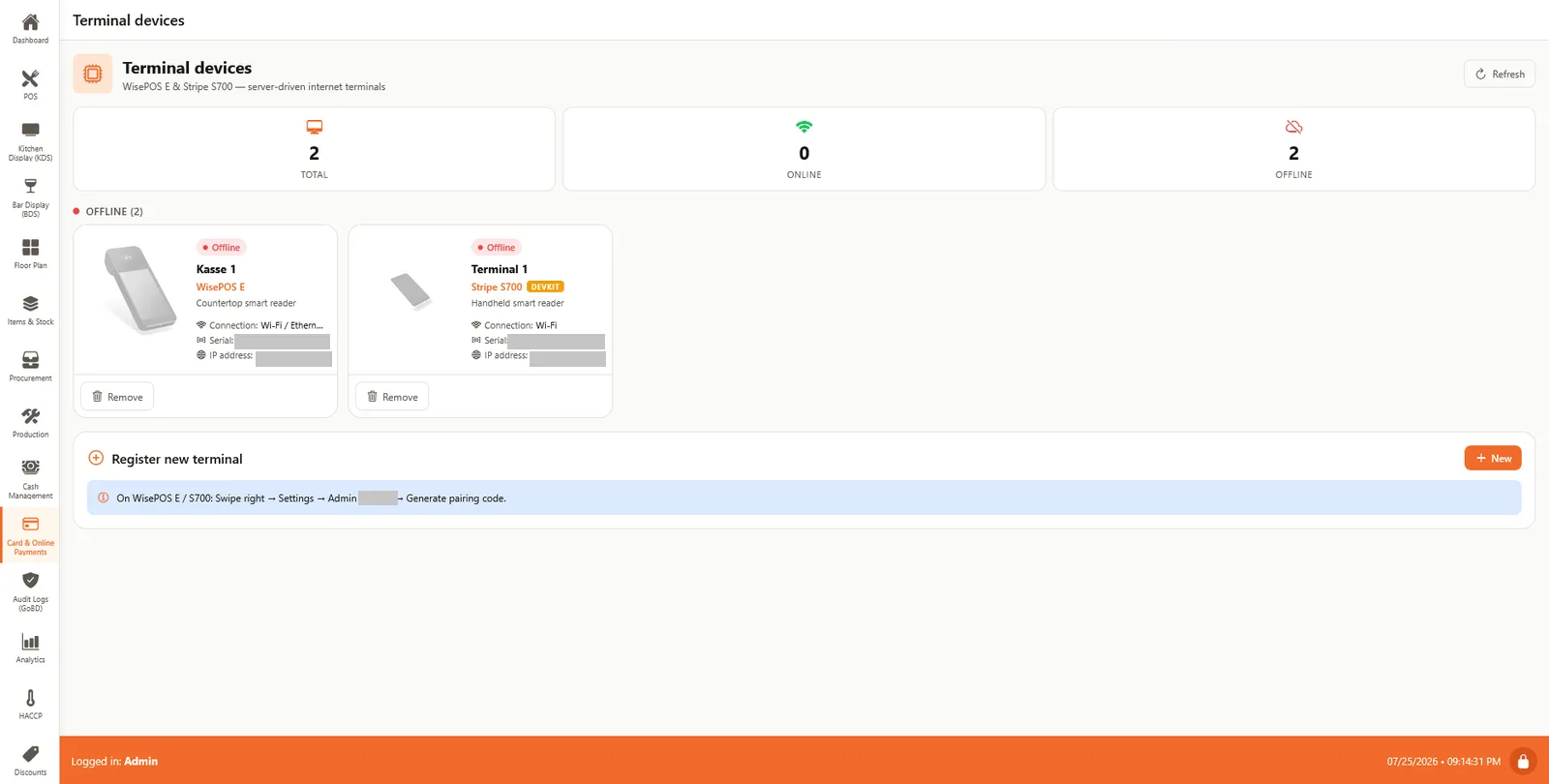 SyncPlate terminal management screen listing a WisePOS E and a Stripe S700 reader with connection status; serial numbers and addresses are redacted