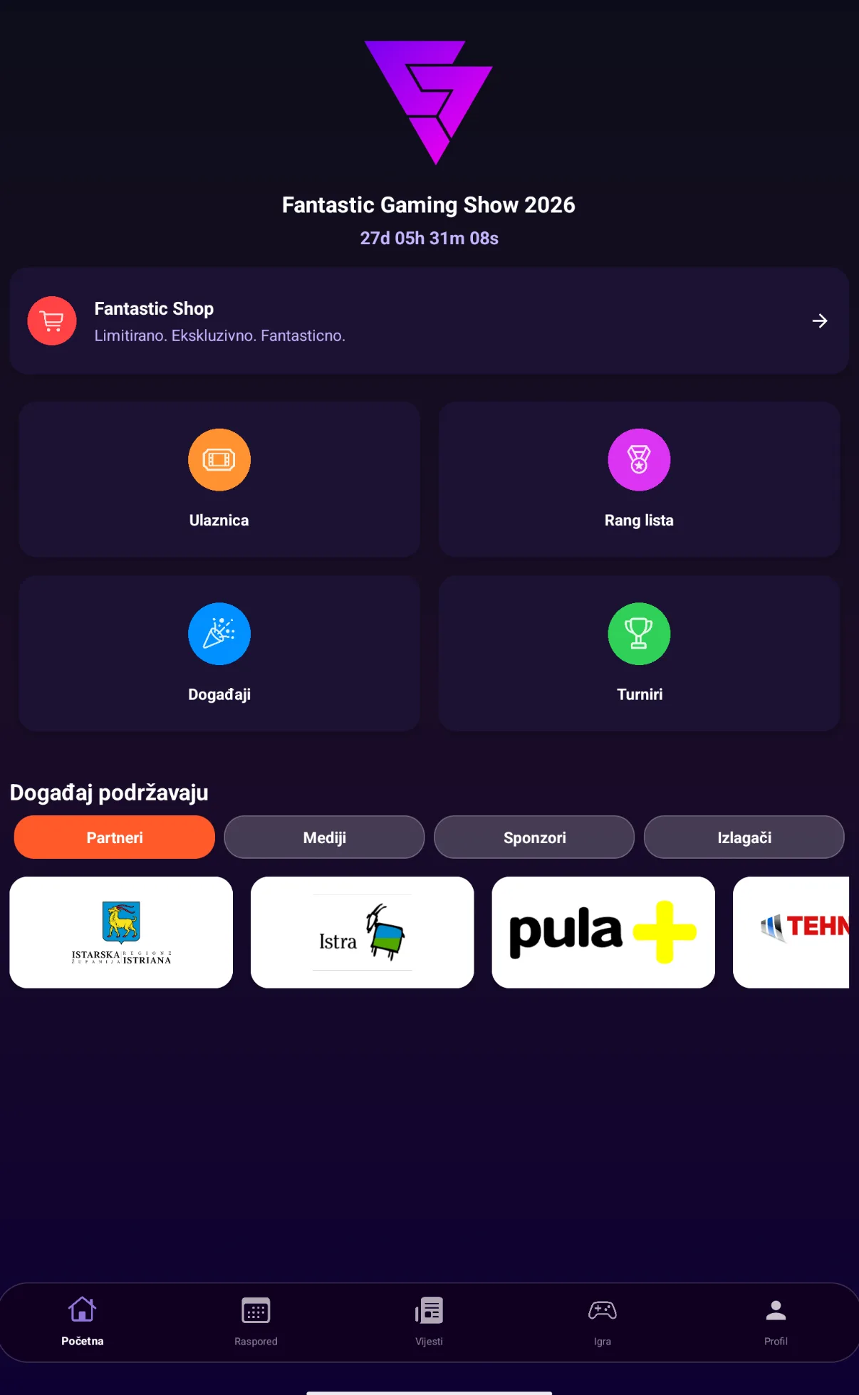Fantastic Events home screen on a tablet: the event logo, a live countdown to Fantastic Gaming Show 2026, shortcuts to ticket, leaderboard, events and tournaments, and a partners strip with four partner logos