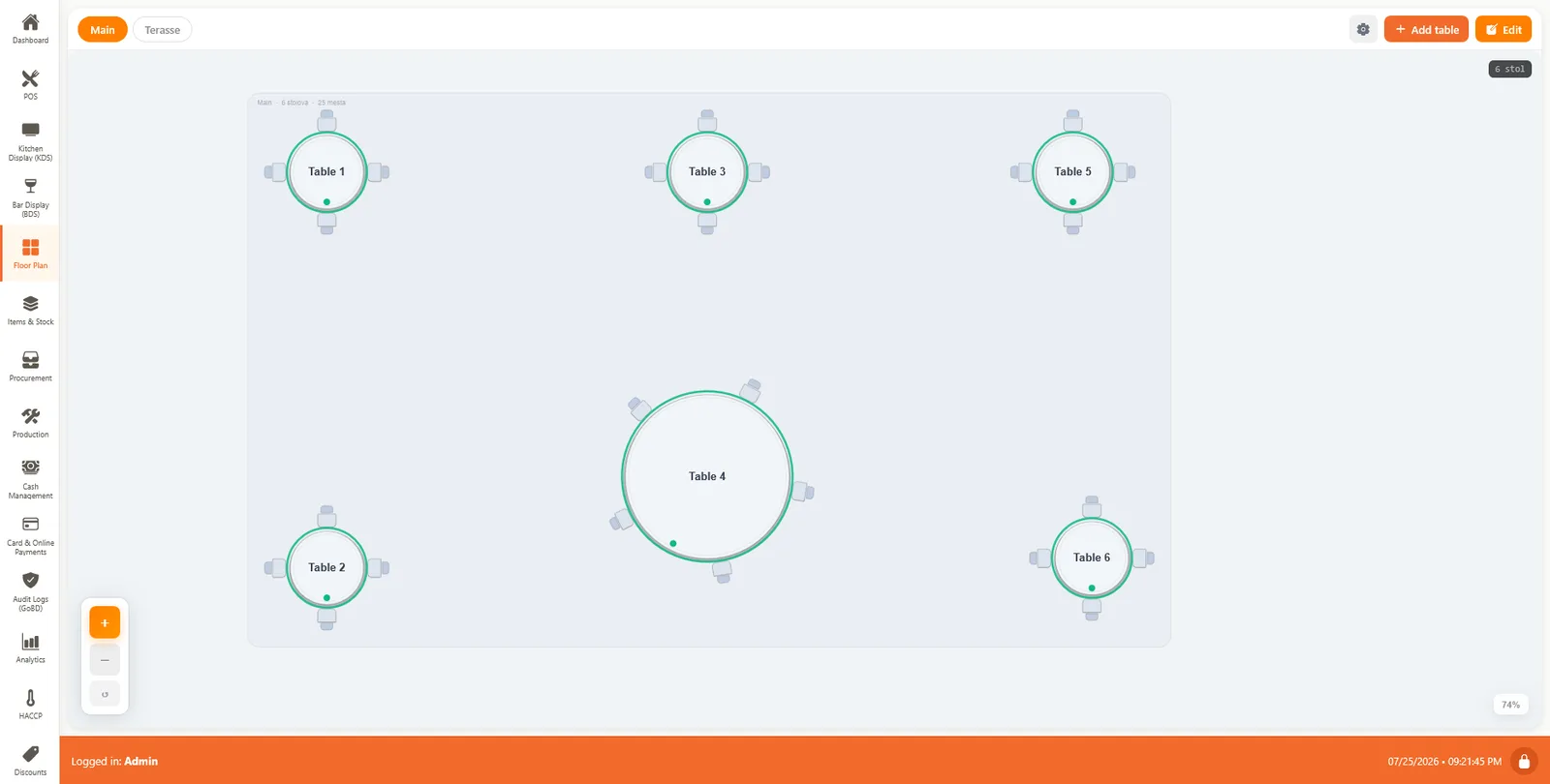 SyncPlate floor plan editor showing six numbered tables with seat positions across two areas