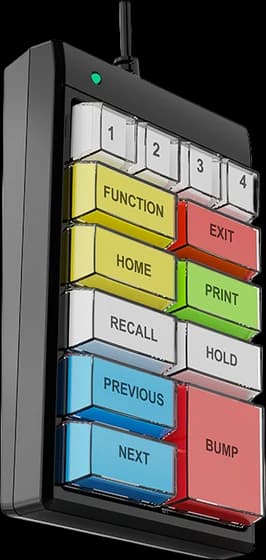 Wired kitchen bump bar with colour-coded keys labelled function, exit, home, print, recall, hold, previous, next and bump