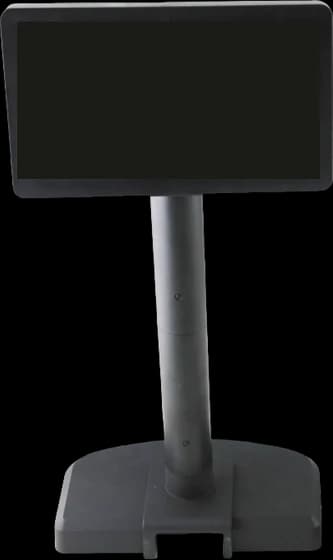 Pole-mounted customer-facing display on a weighted base, screen blank