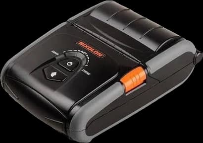Black portable battery-powered thermal printer with an orange paper-release catch