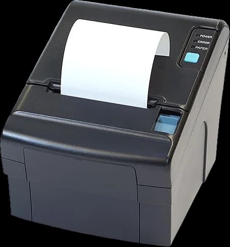 Black countertop thermal receipt printer with a paper roll loaded