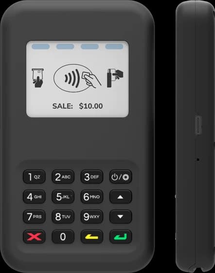 Black BBPOS WisePad 3 PIN pad shown from the front and the side, its display reading a sale amount